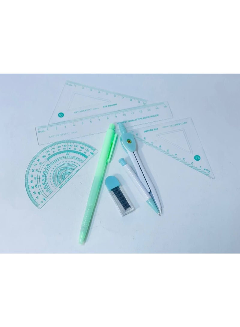 استاند الطقم الهندسي 2  باب  بالعلبة البلاستيك البرجل المعدن السنون و مساطر و قلم الجاف  و علبة السنون    العلبة : 7  قطع بالألوان - Image 1