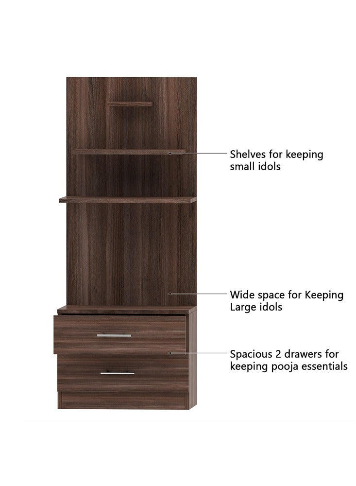 Modern Wooden Mandir, Temple with 2 Drawers for Storage Pooja Essentials and 3 Shelves for God Statue Sturdy Steel Legs Ideal for Home, Office, Temple - Truffle Brown Branson Robinia