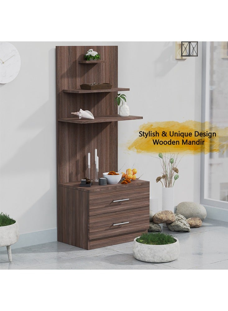 Modern Wooden Mandir, Temple with 2 Drawers for Storage Pooja Essentials and 3 Shelves for God Statue Sturdy Steel Legs Ideal for Home, Office, Temple - Truffle Brown Branson Robinia