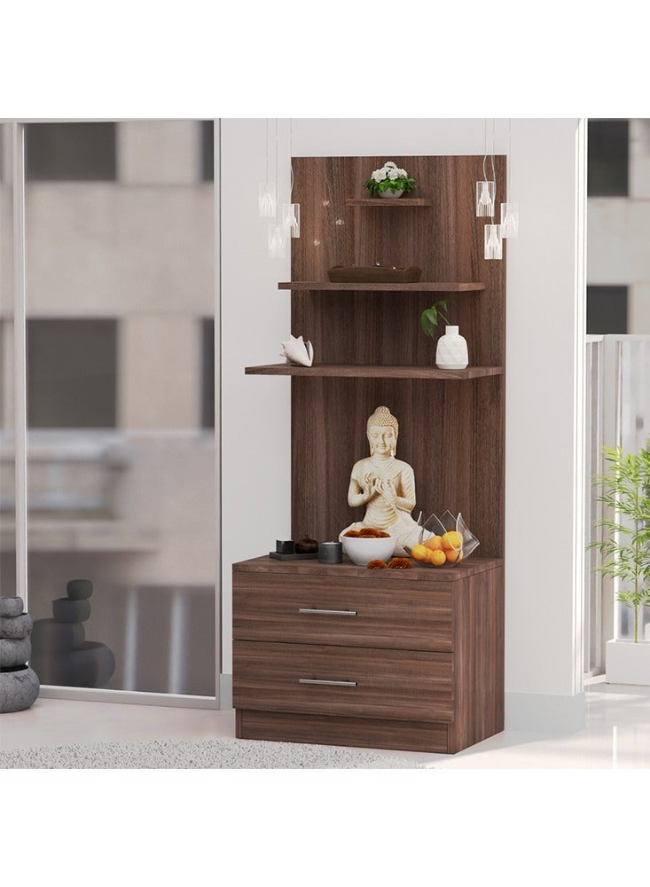 Modern Wooden Mandir, Temple with 2 Drawers for Storage Pooja Essentials and 3 Shelves for God Statue Sturdy Steel Legs Ideal for Home, Office, Temple - Truffle Brown Branson Robinia