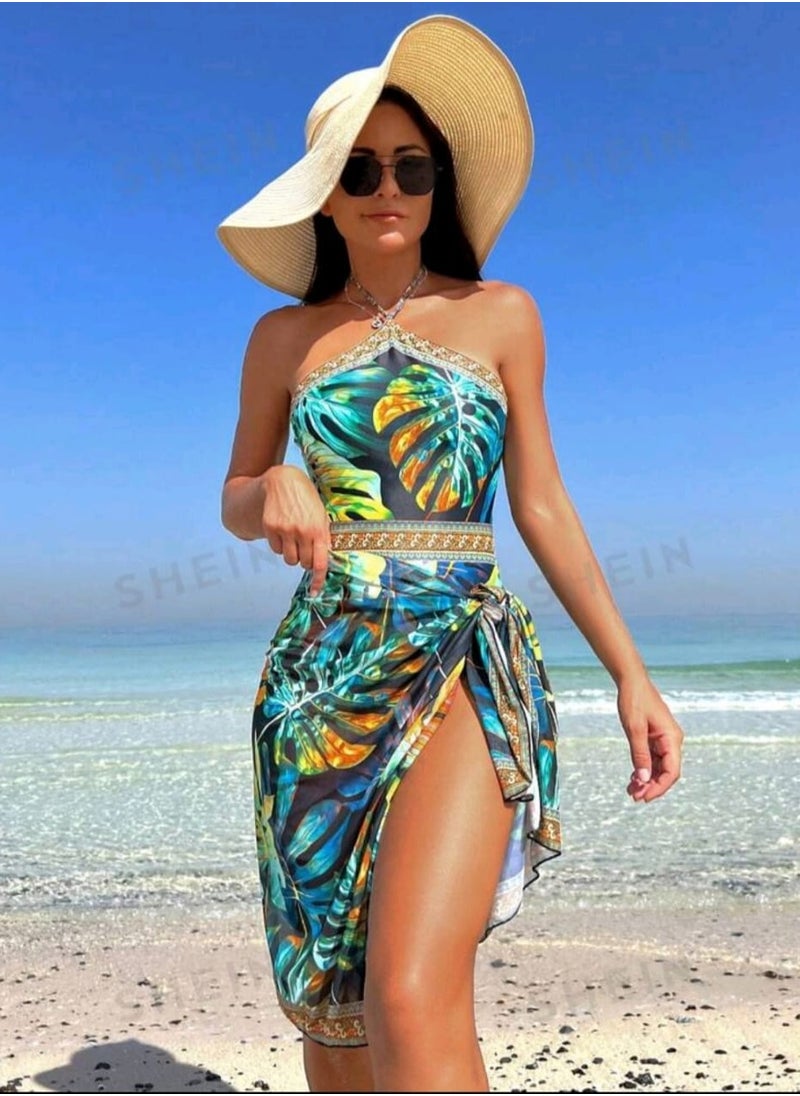 Shein SHEIN Swim Tropical Print Halter One Piece Swimsuit With Beach Skirt,Summer Beach  - Image 1