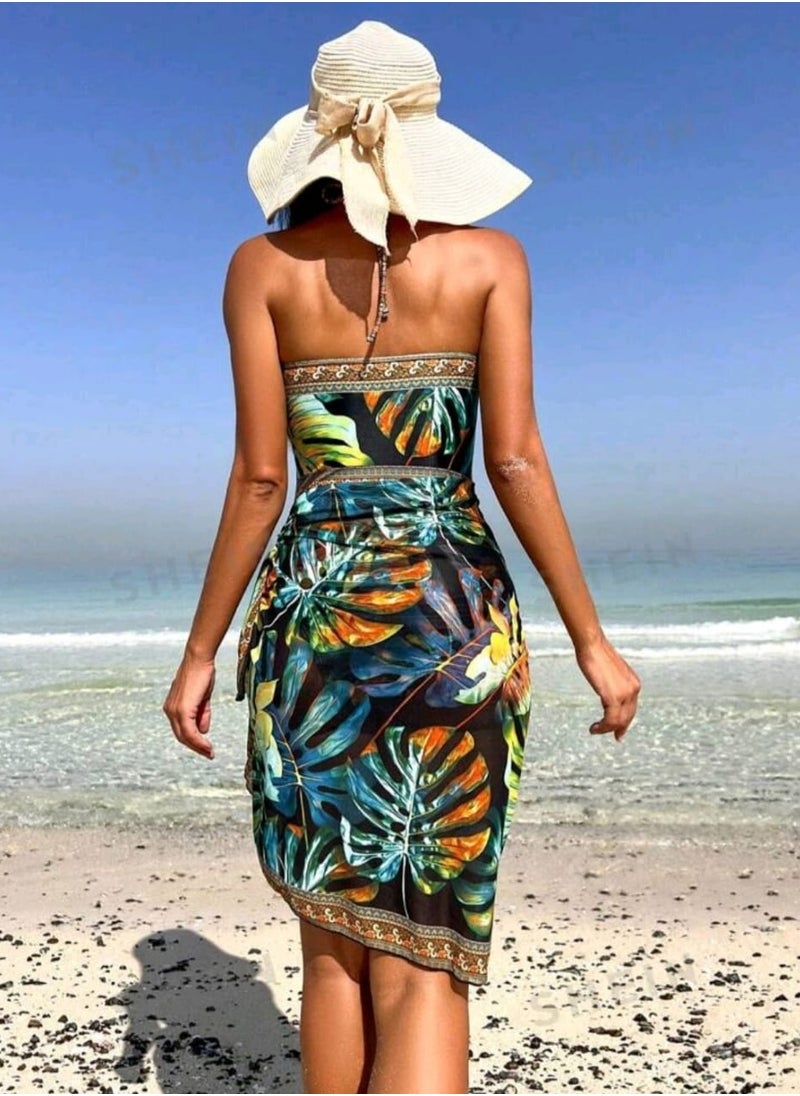 Shein SHEIN Swim Tropical Print Halter One Piece Swimsuit With Beach Skirt,Summer Beach  - Image 2