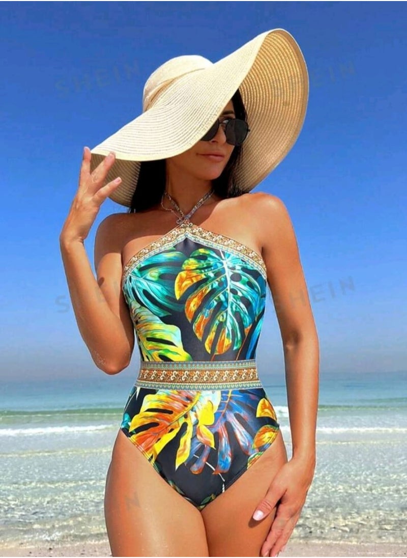 Shein SHEIN Swim Tropical Print Halter One Piece Swimsuit With Beach Skirt,Summer Beach  - Image 3