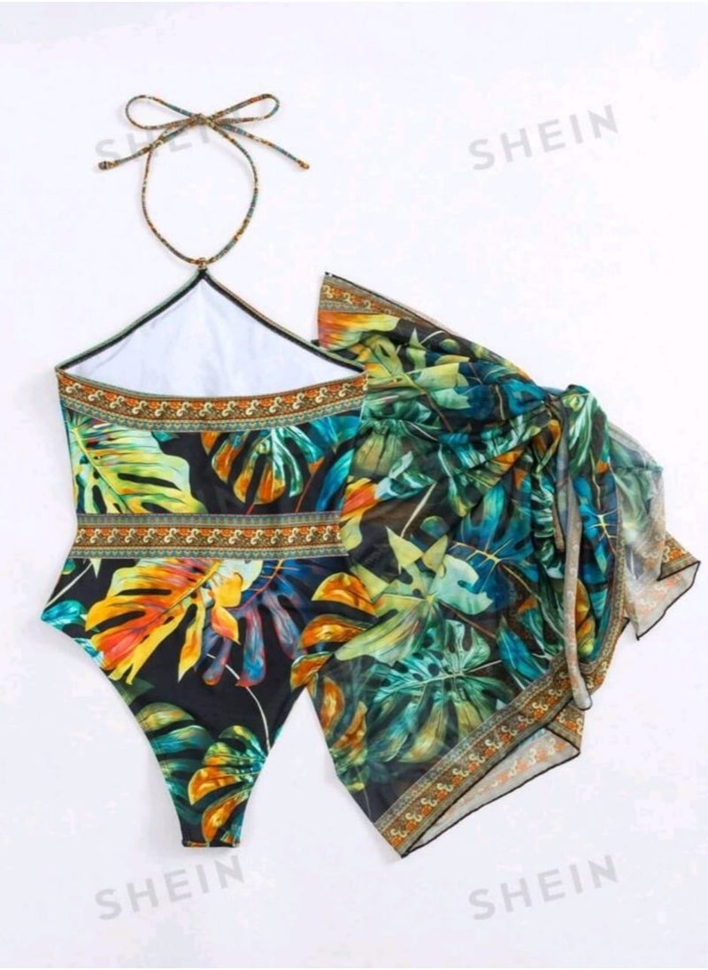 Shein SHEIN Swim Tropical Print Halter One Piece Swimsuit With Beach Skirt,Summer Beach  - Image 5