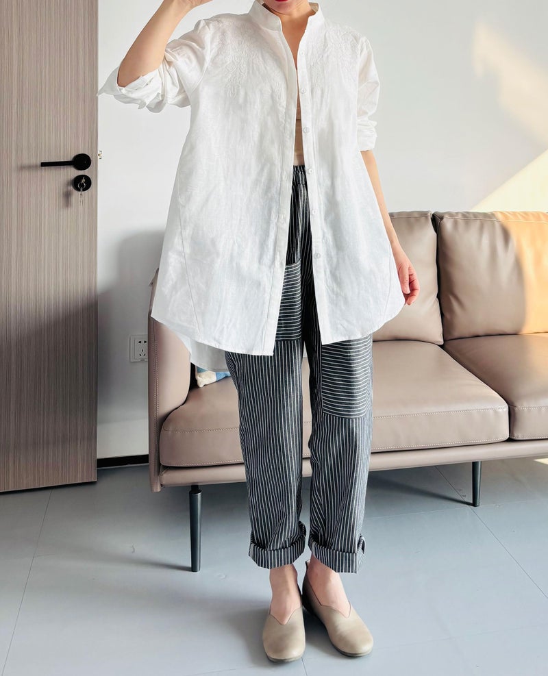 Minibee Women's Cotton Linen Shirt High Low Button Down Embroidered Blouse Long Sleeve Tunic Tops - Image 3