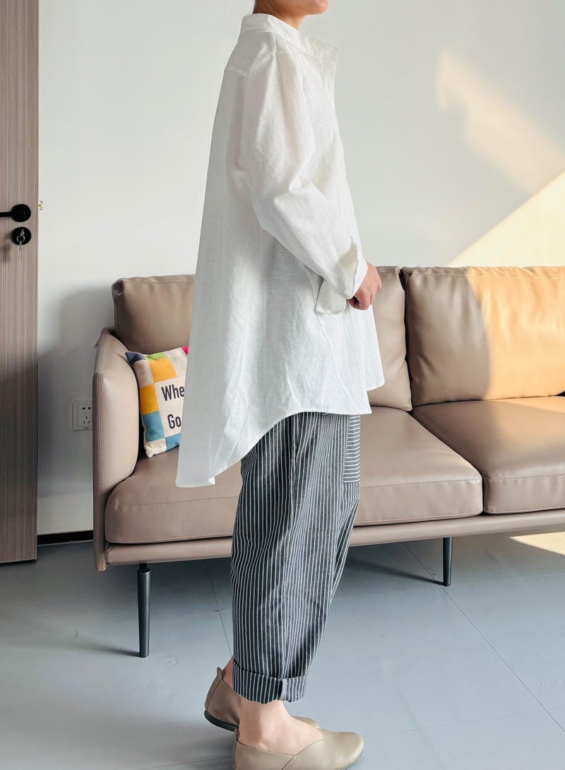 Minibee Women's Cotton Linen Shirt High Low Button Down Embroidered Blouse Long Sleeve Tunic Tops - Image 4