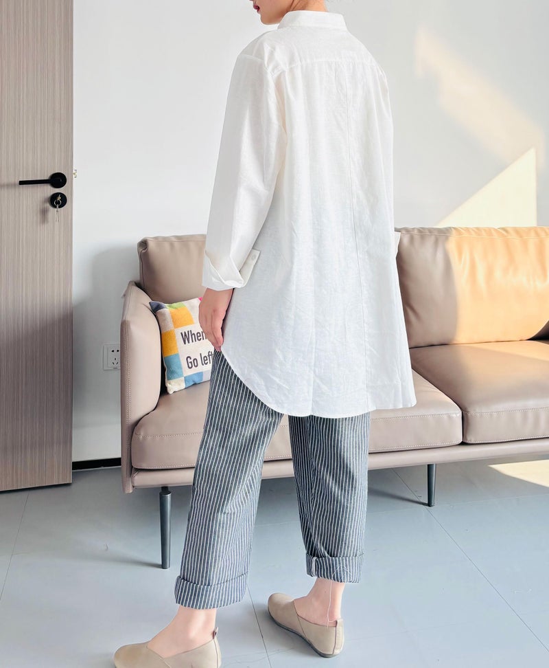 Minibee Women's Cotton Linen Shirt High Low Button Down Embroidered Blouse Long Sleeve Tunic Tops - Image 5