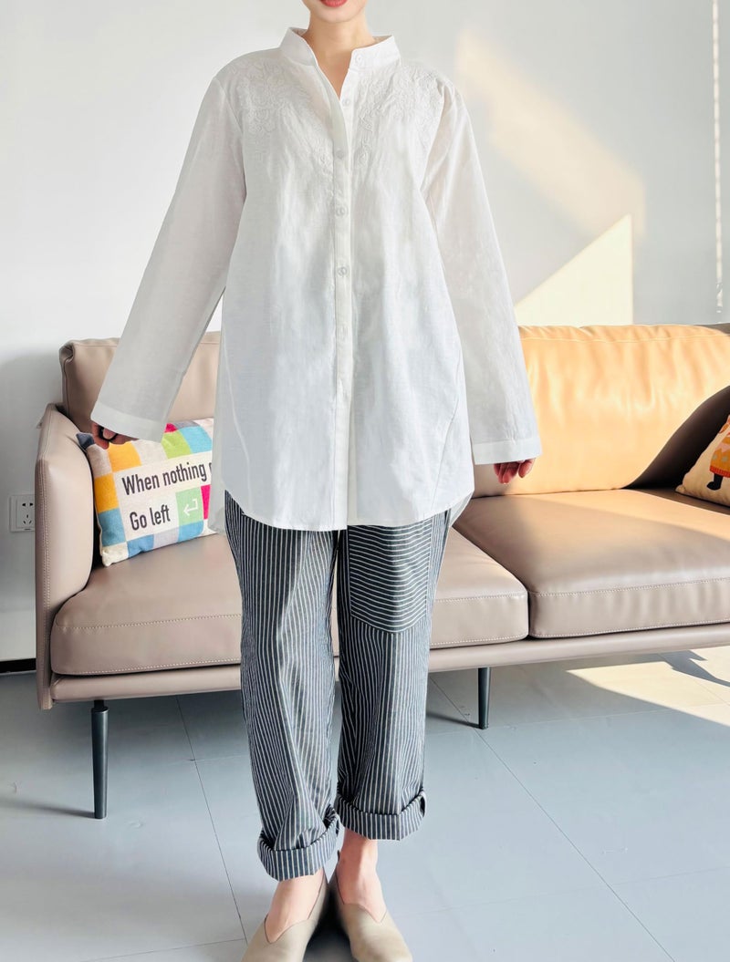 Minibee Women's Cotton Linen Shirt High Low Button Down Embroidered Blouse Long Sleeve Tunic Tops - Image 2