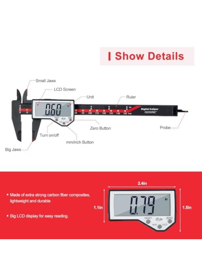 Digital Caliper, 0-6" Electronic Caliper Auto - Off Feature with Large LCD Screen Vernier Caliper Conversion Measuring Tool for Length Depth Inner Outer Diameter Measuring - Image 4