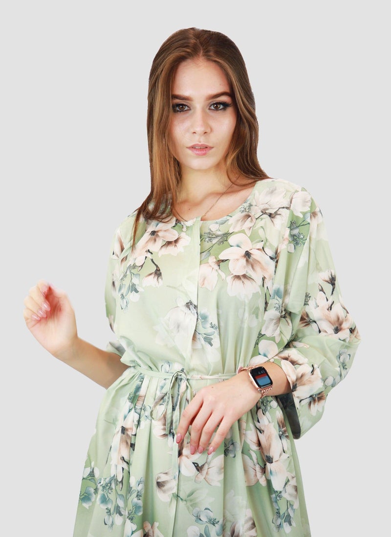 Kidwala Women'S Long Floral Dress With Front Tie Knot, Light Green & Pink Dress, 3/4 Quarter Sleeve, Printed Vintage Dress, Maxi Dress With Front Button, Lady Dress - Image 4