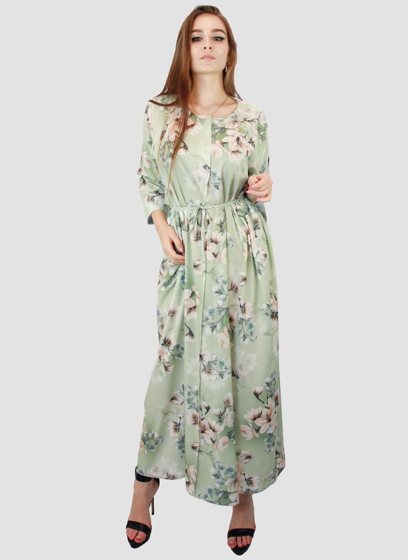 Kidwala Women'S Long Floral Dress With Front Tie Knot, Light Green & Pink Dress, 3/4 Quarter Sleeve, Printed Vintage Dress, Maxi Dress With Front Button, Lady Dress - Image 3