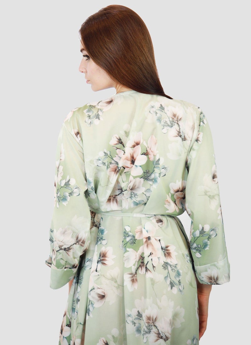 Kidwala Women'S Long Floral Dress With Front Tie Knot, Light Green & Pink Dress, 3/4 Quarter Sleeve, Printed Vintage Dress, Maxi Dress With Front Button, Lady Dress - Image 2