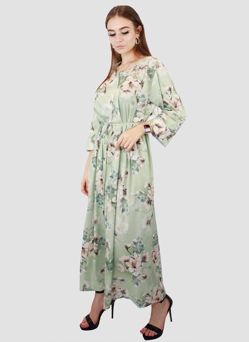Kidwala Women'S Long Floral Dress With Front Tie Knot, Light Green & Pink Dress, 3/4 Quarter Sleeve, Printed Vintage Dress, Maxi Dress With Front Button, Lady Dress - Image 5