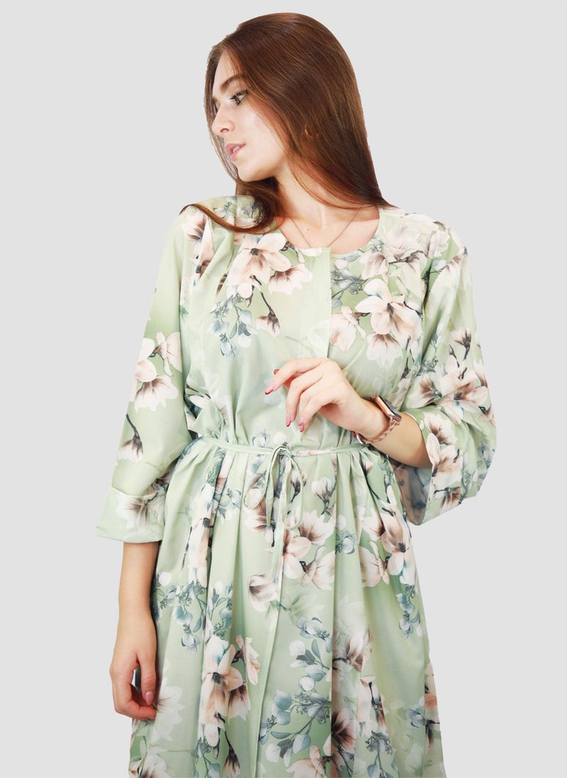 Kidwala Women'S Long Floral Dress With Front Tie Knot, Light Green & Pink Dress, 3/4 Quarter Sleeve, Printed Vintage Dress, Maxi Dress With Front Button, Lady Dress - Image 1
