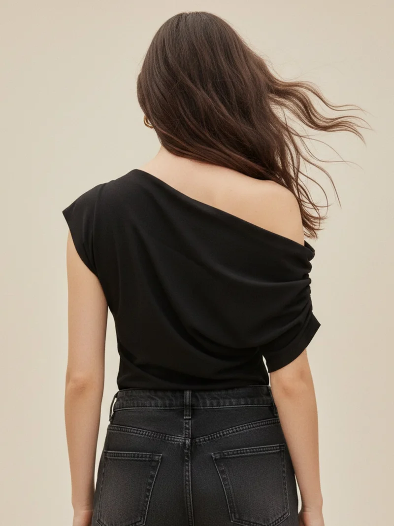Outzidr  Black One Shoulder Extended Sleeves Top for Women | Best Price UAE