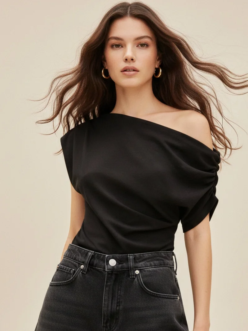 أوجيدر Black One Shoulder Extended Sleeves Top