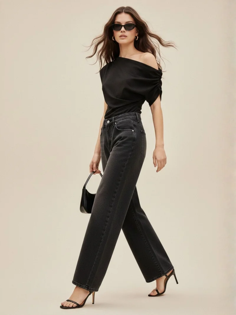 Outzidr  Black One Shoulder Extended Sleeves Top for Women | Best Price UAE