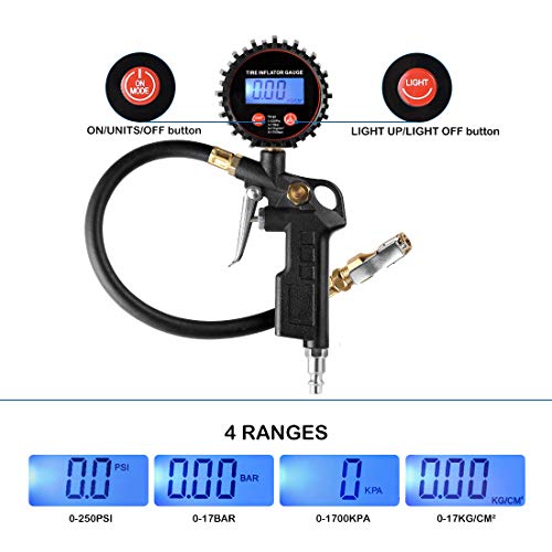CZC AUTO Digital Tire Inflator Pressure Gauge, LED Display Tyre Deflator Gage with Straight Brass Lock-on Chuck Rubber Hose, Compatible with Air Pump Compressor for Truck Bus RV Car Motorcycle Bike - Image 3