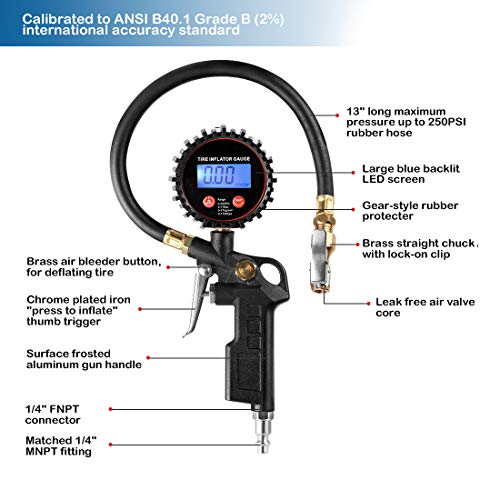 CZC AUTO Digital Tire Inflator Pressure Gauge, LED Display Tyre Deflator Gage with Straight Brass Lock-on Chuck Rubber Hose, Compatible with Air Pump Compressor for Truck Bus RV Car Motorcycle Bike - Image 2