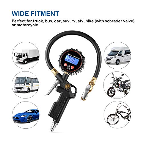 CZC AUTO Digital Tire Inflator Pressure Gauge, LED Display Tyre Deflator Gage with Straight Brass Lock-on Chuck Rubber Hose, Compatible with Air Pump Compressor for Truck Bus RV Car Motorcycle Bike - Image 5