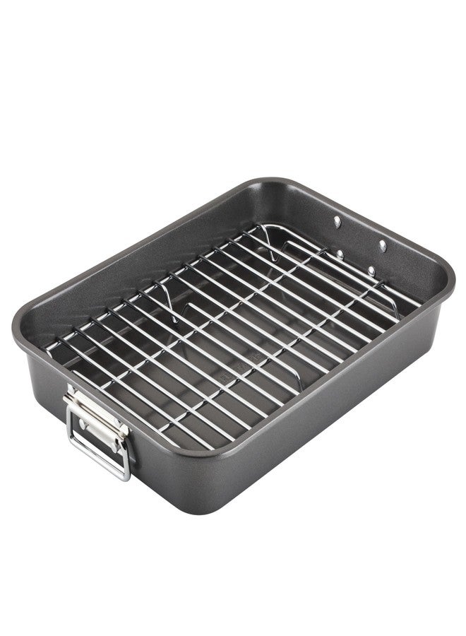Farberware Bakeware Nonstick Steel Roaster with Flat Rack, 11-Inch x 15-Inch, Gray - Image 1