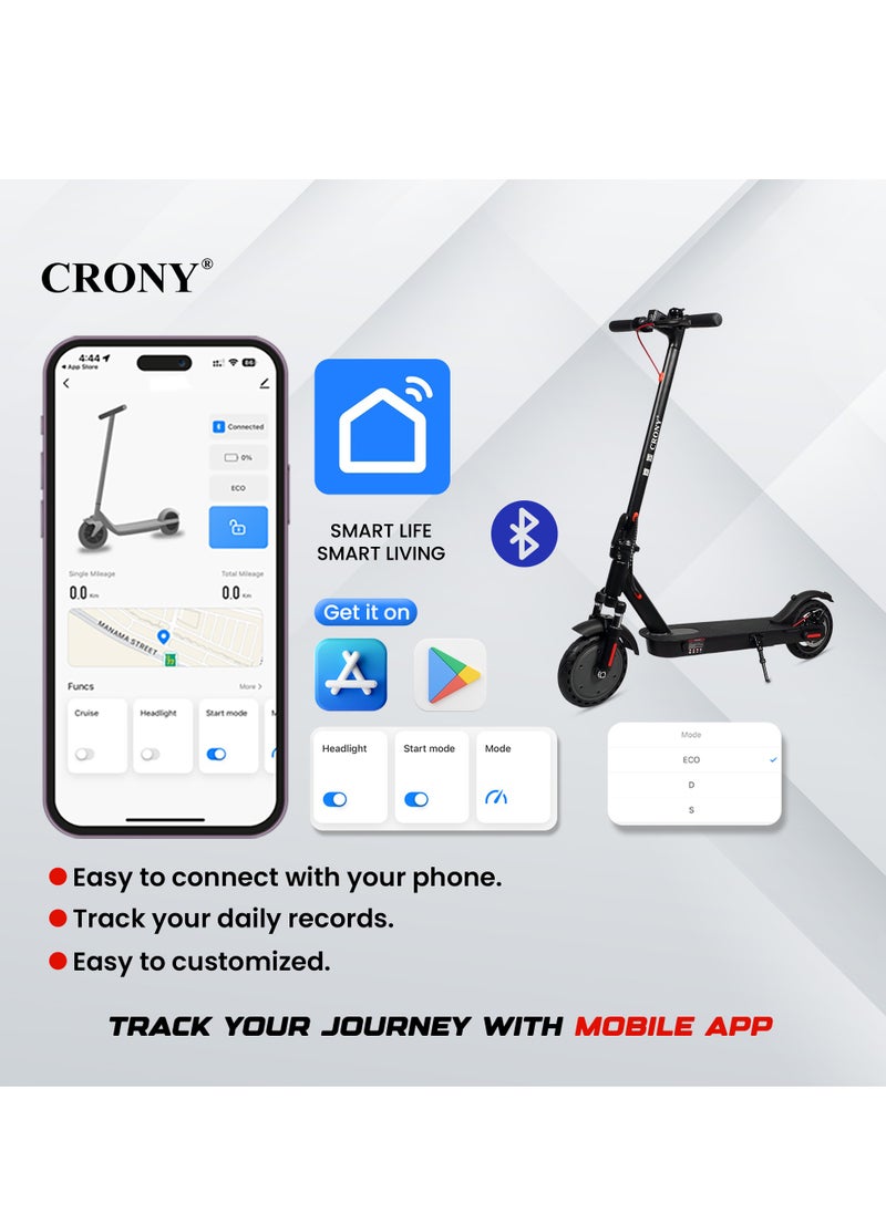 Crony W563 High Speed 250w Motor E-Scooter 25-45km/H Speed, 36v/7.8ah Battery, 10-25km Range, Front Suspension, Rear Disc Brakes, Aluminum Alloy Frame, 100kg Max Load, Led Headlamp, App Connectivity, Foldable & Portable Electric Scooter For Adults & Kids, Electric Scooter For Commuting & Leisure, Long-Range Motorized Scooter With Easy Folding, Lightweight High-Performance Commuter Skateboard, Black  - Image 2