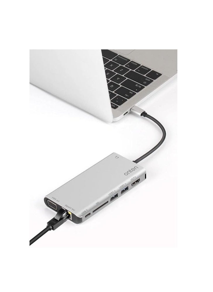 ماركة غير محددة - موزع شحن USB نوع C 8 سم مع ايثرنت بسرعة 1 جيجابت في الثانية ومنفذ 4K HDMI ومنفذ في جي ايه ومنفذ شحن بي دي ومنفذين USB 3.0 وكابل صوت 3.5 ملم وبطاقة SD لاجهزة اللاب توب من اونتين OT-9591B، فضي - Image 1