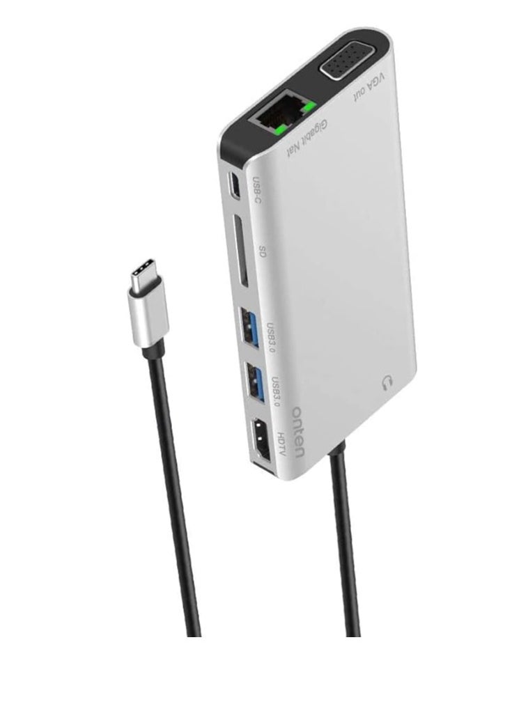 ماركة غير محددة - موزع شحن USB نوع C 8 سم مع ايثرنت بسرعة 1 جيجابت في الثانية ومنفذ 4K HDMI ومنفذ في جي ايه ومنفذ شحن بي دي ومنفذين USB 3.0 وكابل صوت 3.5 ملم وبطاقة SD لاجهزة اللاب توب من اونتين OT-9591B، فضي - Image 1