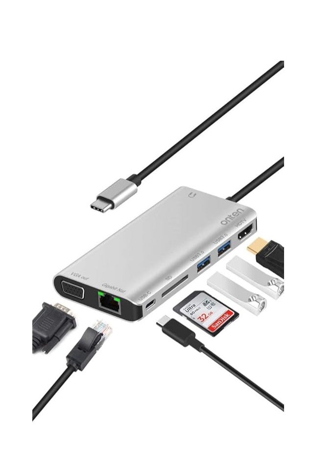 ماركة غير محددة - موزع شحن USB نوع C 8 سم مع ايثرنت بسرعة 1 جيجابت في الثانية ومنفذ 4K HDMI ومنفذ في جي ايه ومنفذ شحن بي دي ومنفذين USB 3.0 وكابل صوت 3.5 ملم وبطاقة SD لاجهزة اللاب توب من اونتين OT-9591B، فضي - Image 1