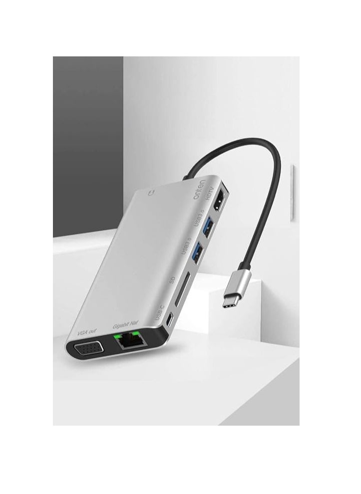 ماركة غير محددة - موزع شحن USB نوع C 8 سم مع ايثرنت بسرعة 1 جيجابت في الثانية ومنفذ 4K HDMI ومنفذ في جي ايه ومنفذ شحن بي دي ومنفذين USB 3.0 وكابل صوت 3.5 ملم وبطاقة SD لاجهزة اللاب توب من اونتين OT-9591B، فضي - Image 1
