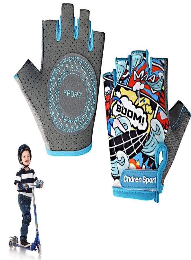 Proberos® Surfing Boy Kids Bike Gloves Size S for 4-8 Years Old, Anti-Slip Breathable Fingerless Cartoon Print Riding Sport Gloves for Children's Bicycle - Image 1