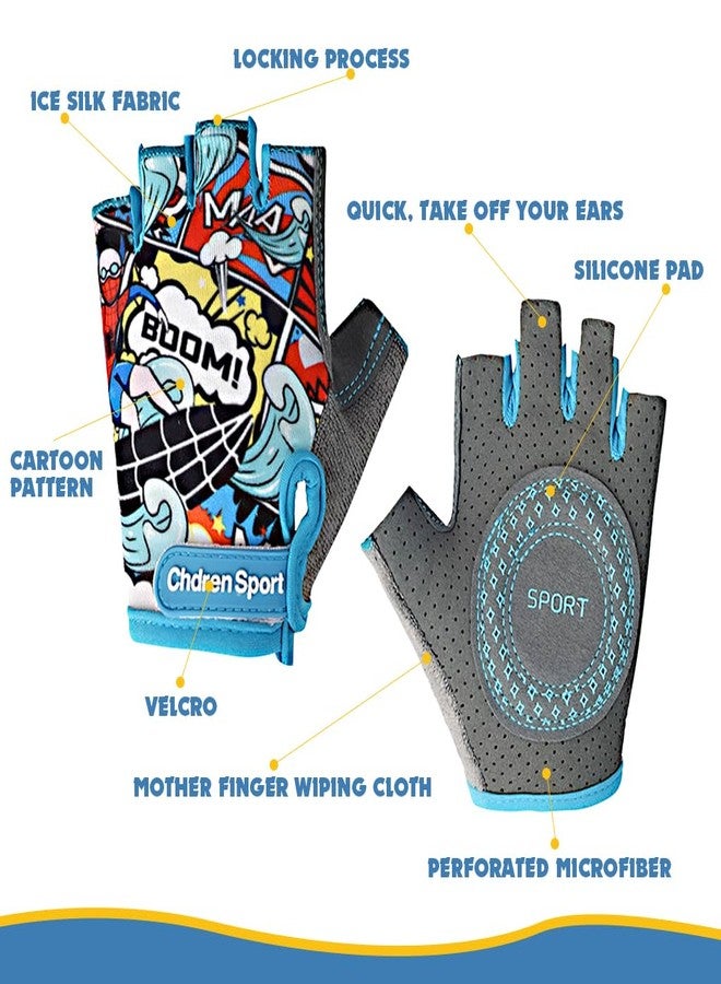 Proberos® Surfing Boy Kids Bike Gloves Size S for 4-8 Years Old, Anti-Slip Breathable Fingerless Cartoon Print Riding Sport Gloves for Children's Bicycle - Image 3