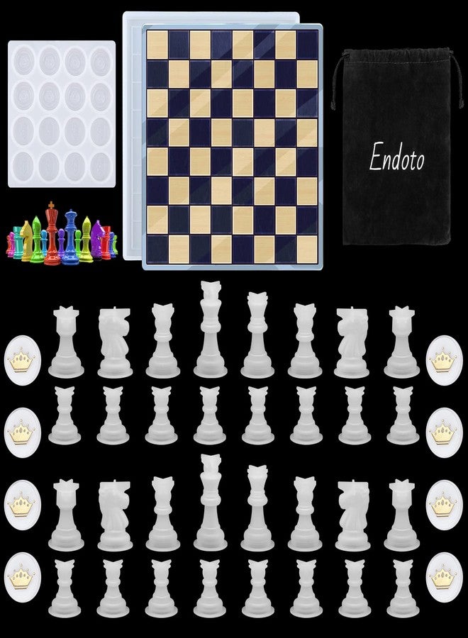 Endoto Chess Set with Checkers Board Silicone Resin Mold, 16 Pieces Full Size 3D Chess Crystal Epoxy Casting Molds for DIY Art Crafts Making, Family Party Board Games and Home Decoration
