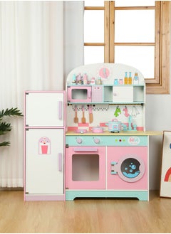 JSAITOYS Kids Wood Refrigerator Kitchen Toy With Accessories Wooden Pretend Play  - Image 1