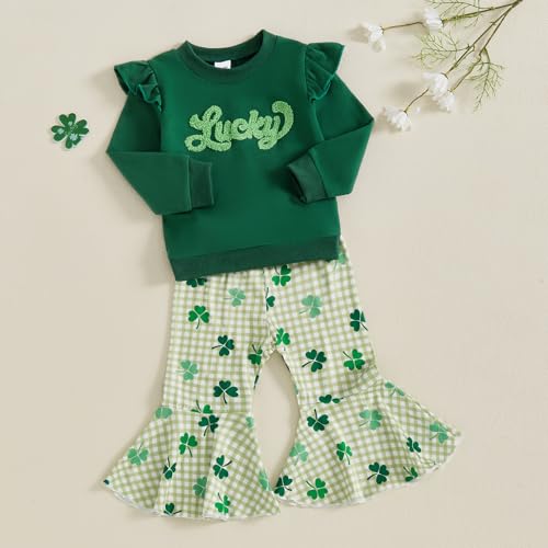 DNOMAID YZARC Toddler Baby Girl St Patricks Day Outfit Letter Clover Long Sleeve Sweatshirt Bell Bottom Pants Irish Clothes (Green 3, 2-3T) - Image 2