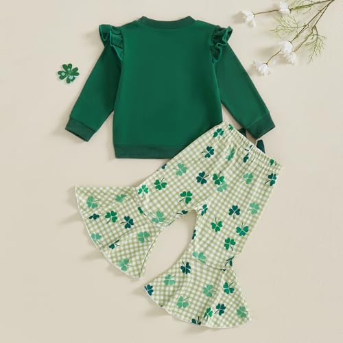 DNOMAID YZARC Toddler Baby Girl St Patricks Day Outfit Letter Clover Long Sleeve Sweatshirt Bell Bottom Pants Irish Clothes (Green 3, 2-3T) - Image 3