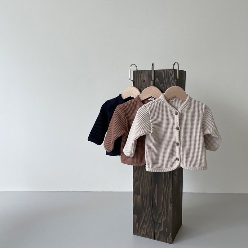 Kids Korean Cardigan Waffle Knit Sweater Lightweight Brown  - Image 4