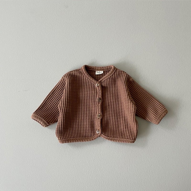 Kids Korean Cardigan Waffle Knit Sweater Lightweight Brown  - Image 1