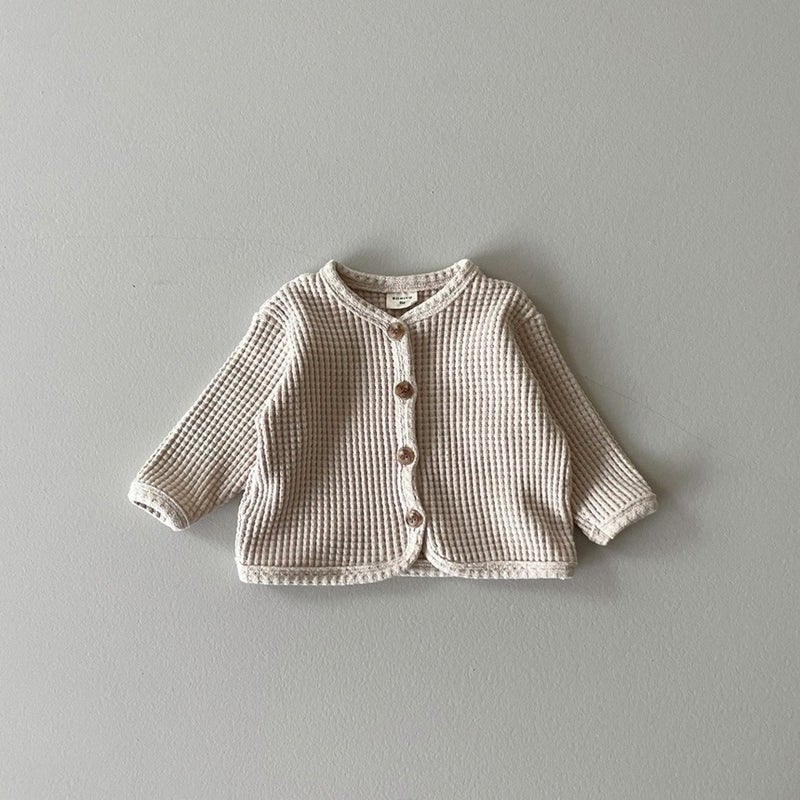 Kids Korean Cardigan Waffle Knit Sweater Lightweight Brown  - Image 2
