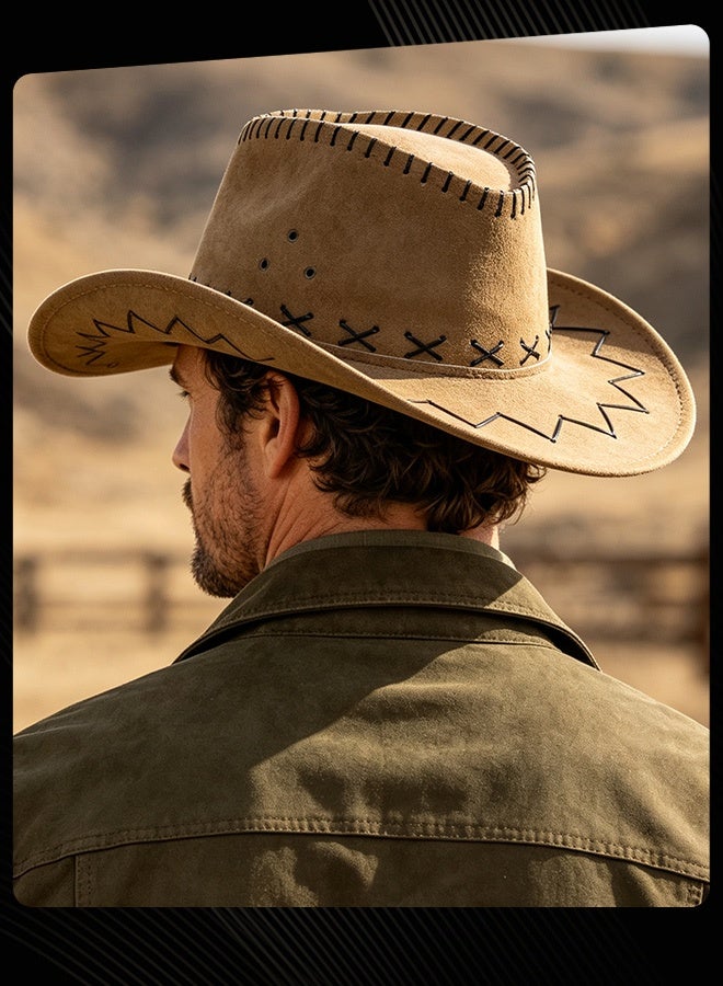 Bluelans Men Western Cowboy Hat Vintage Stitching Decor Wide Brim Sun Protection Hat Lightweight Breathable Cowboy Hat for Outdoor Travel Camping Beach Concert Costume Party - Image 3