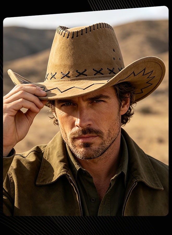 Bluelans Men Western Cowboy Hat Vintage Stitching Decor Wide Brim Sun Protection Hat Lightweight Breathable Cowboy Hat for Outdoor Travel Camping Beach Concert Costume Party - Image 1