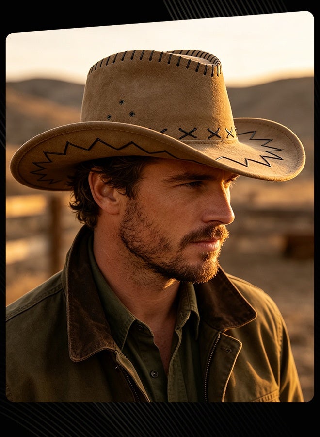 Bluelans Men Western Cowboy Hat Vintage Stitching Decor Wide Brim Sun Protection Hat Lightweight Breathable Cowboy Hat for Outdoor Travel Camping Beach Concert Costume Party - Image 2