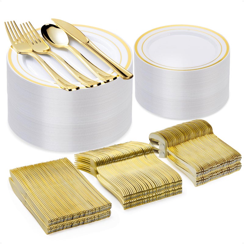 300PCS Gold Plastic Plate Set 50 Guests Plastic Plates for Party Wedding Birthday Disposable Dinnerware Set of 100 Plates 100 Forks 50 Spoons 50 Knives