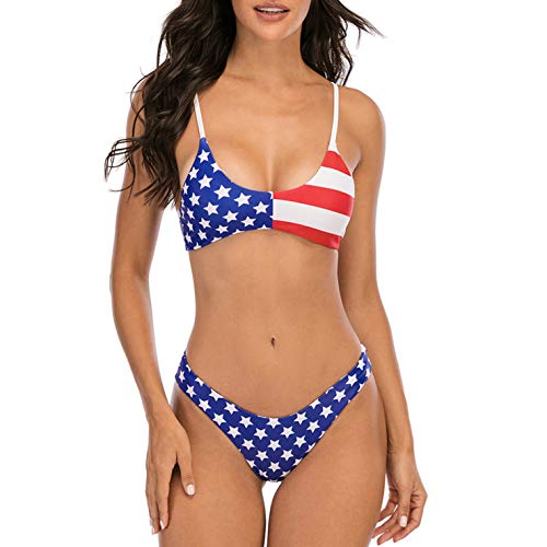 SherryDC Women's Solid Scoop Neck Push up Padded Brazilian Thong Bikini Swimsuit,Flag,S - Image 5