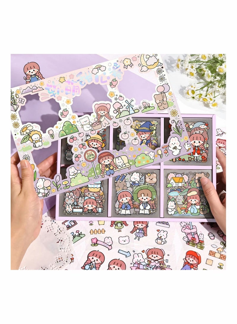 Excefore Cartoon Stickers for Journaling, 200 Sheets Cute Girl Rabbit Bear Transparent PET Waterproof Scrapbook Korean Sticker Decal Set for Art Scrapbooking Crafts Planner Water Bottles Laptops Phone Cases  - Image 1