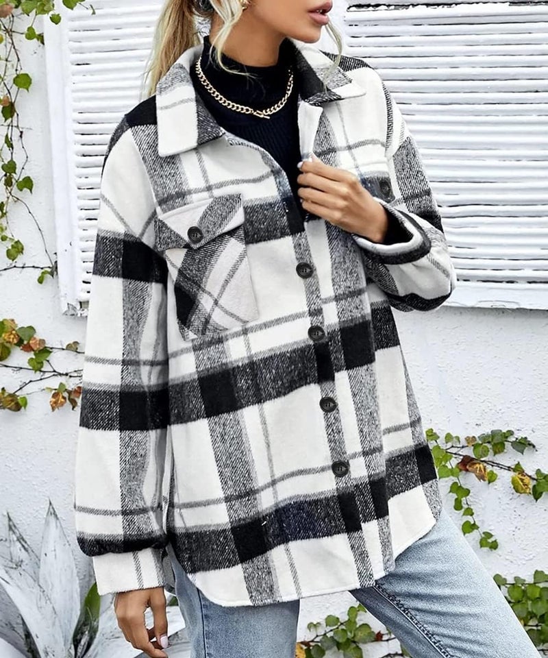 AUTOMET Shackets for Women Plaid Flannel Shirts Fall Winter Jackets Cute Tops Trendy Western Cowgirl Outfits Girls Coats Blackwhite S - Image 3