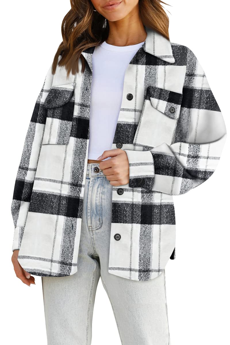 AUTOMET Shackets for Women Plaid Flannel Shirts Fall Winter Jackets Cute Tops Trendy Western Cowgirl Outfits Girls Coats Blackwhite S - Image 1