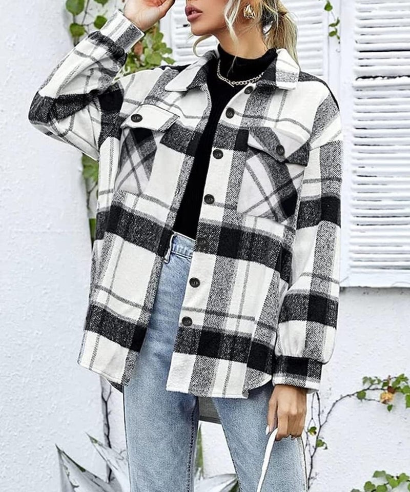 AUTOMET Shackets for Women Plaid Flannel Shirts Fall Winter Jackets Cute Tops Trendy Western Cowgirl Outfits Girls Coats Blackwhite S - Image 2