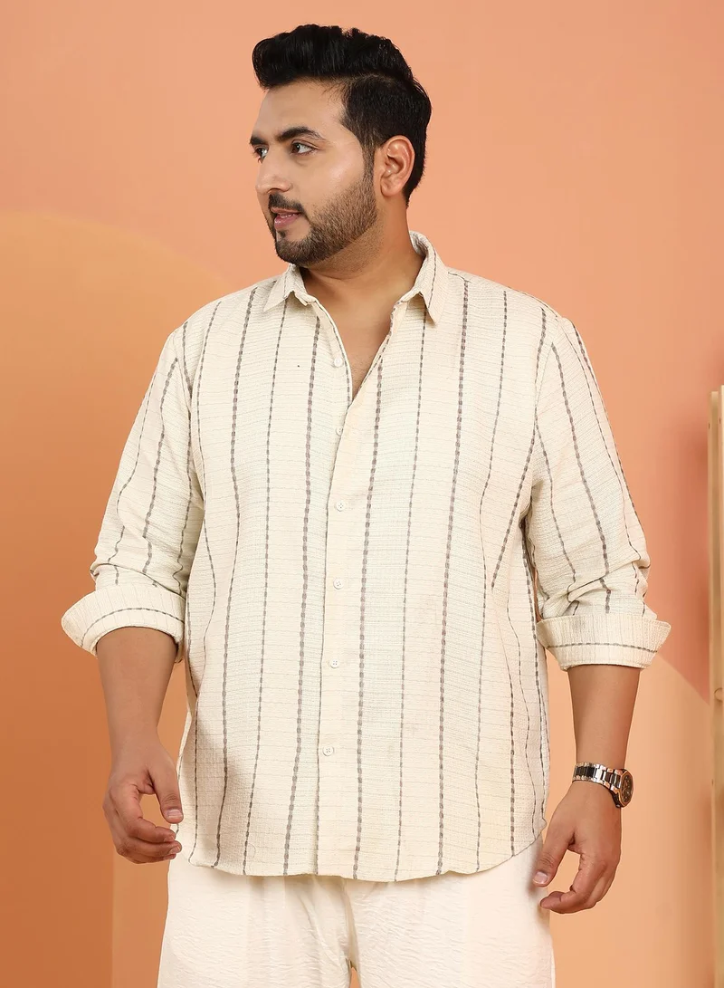 Instafab Plus Instafab Plus Men's Off-White Woven-Striped Tactile Shirt For Casual Wear | Spread Collar | Long Cuffed Sleeves | Button Closure | Plus Size Shirt Crafted With Comfort Fit For Everyday Wear