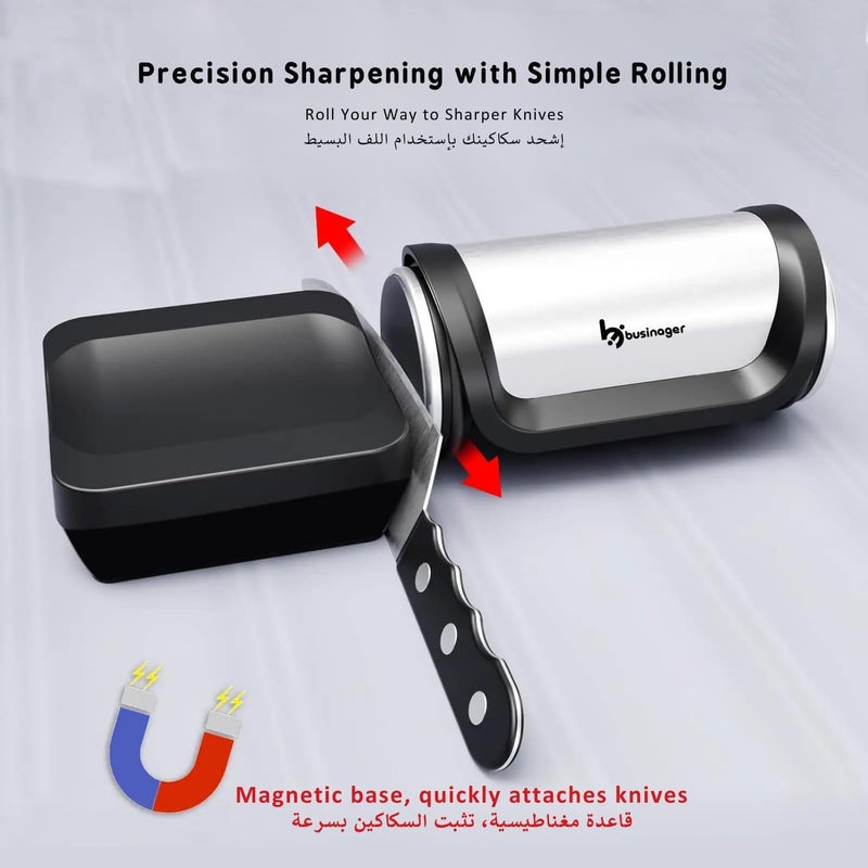 businager Professional Rolling Knife Sharpener with 4 Angles - Stainless Steel & Diamond Tools - Ideal for All Knives in Home & Restaurant Kitchens (Silver) - Image 2